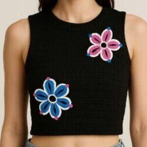NWOT industry black crochet crop top with pink and blue flowers